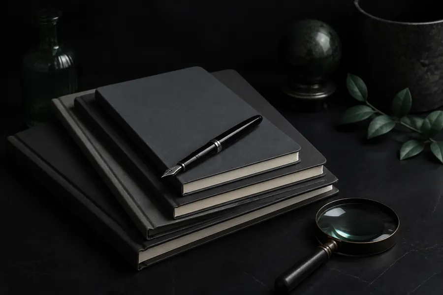 Editorial still life of research notebooks, a pen, and a magnifier