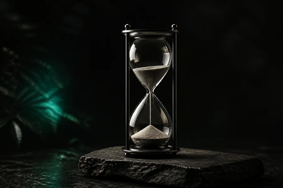 Editorial hourglass still life representing long-horizon health research